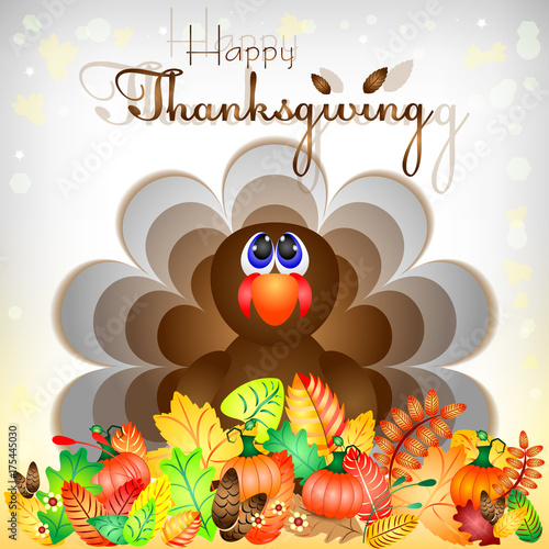 Postcard with funny turkey sitting in autumn leaves for wishes with happy Thanksgiving. Vector illustration