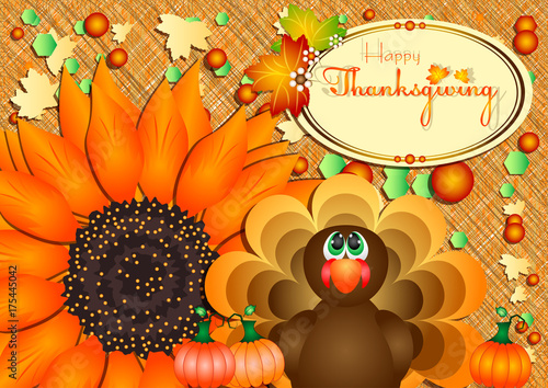 Postcard with turkey, pumpkins and big sunflower for congratulations with happy Thanksgiving in scrapbooking style. Vector illustration