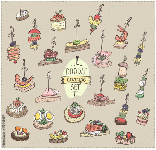 Doodle vector illustration with canapes and sandwiches