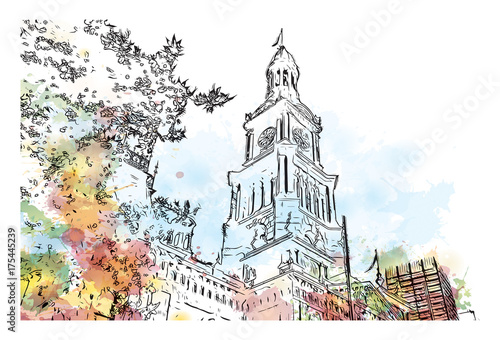 Watercolor Sketch of Clock Tower Sydney Australia in vector illustration.