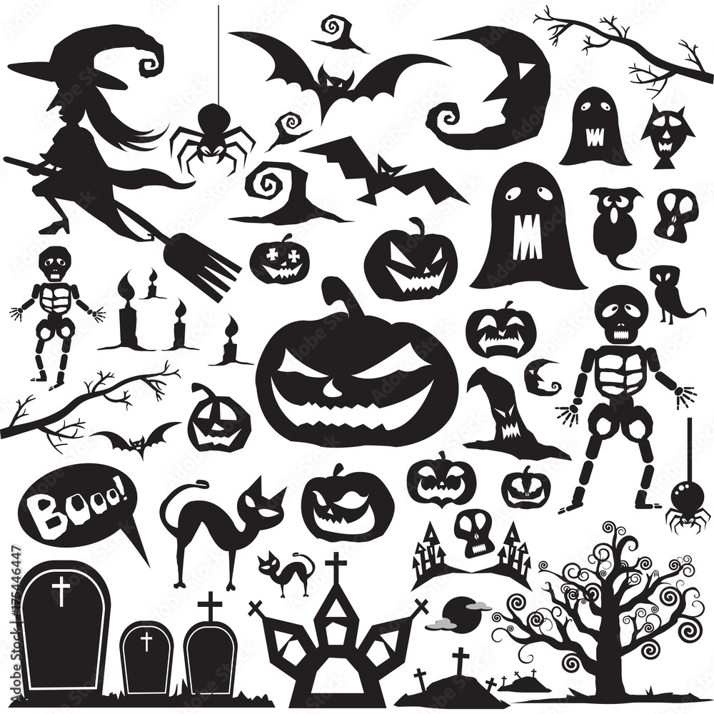 Big Set for Halloween. Vector set of characters and icons for Halloween in cartoon style. Black and white illustration Big Set for Halloween. Vector set of characters and icons for Halloween in cartoon style. Black and white illustration