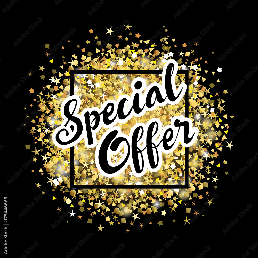 Special offer lettering label on golden dust background. Elegant special  offer sale tag with gold glitter on black background. Vector illustration  Stock Vector | Adobe Stock