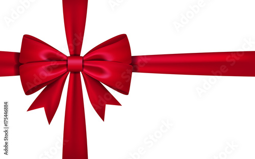 Gift bow ribbon silk. Red bow tie isolated on white background. 3D gift bow tie for Christmas present, holiday decoration, birthday celebration. Decorative satin ribbon element Vector illustration
