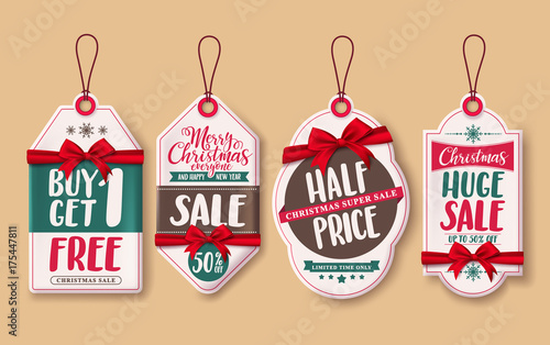 Christmas sale price tags vector set with red ribbons and discount promotions hanging for christmas season retail promotion. Vector illustration.
