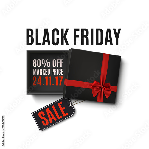 Black Friday sale design. Gift box with red ribbon on white.