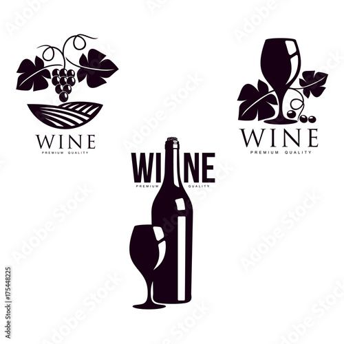 wine corkscrew, glass of wine with bottle decorated with grapevine with leaves, ripe grapes and twig set. Elegant Company logo, brand icon design. Isolated illustration on a white background.