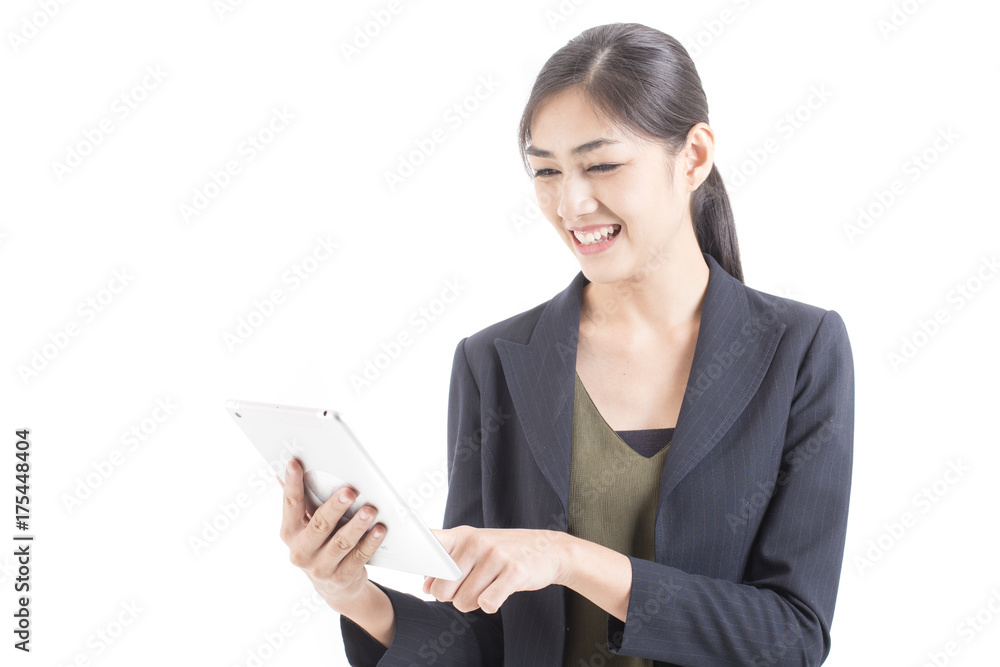 Asian Business Woman using Tablet with attractive smiling isolated on white background, Woman working concept. Asian Business Woman using Tablet with attractive smiling isolated on white background, Woman working concept.