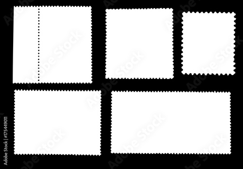 Set of  blank posted stamps isolated on black background.Template for graphic designers.Vector illustration