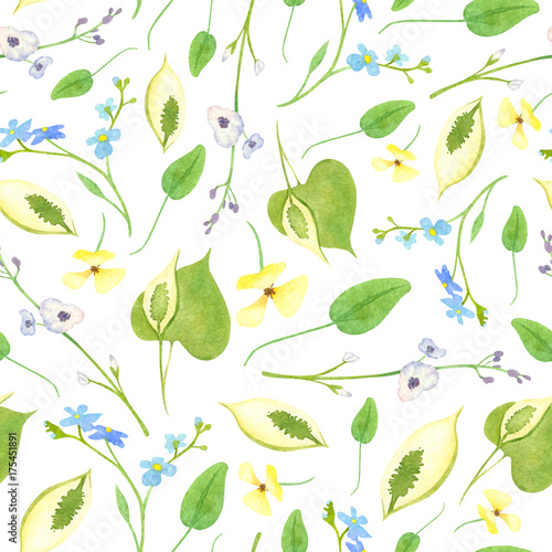 Watercolor wetland floral pattern with calla lily blue forget-me-not yellow waterpoppy lilas arrowhead and green leaves on white background photo