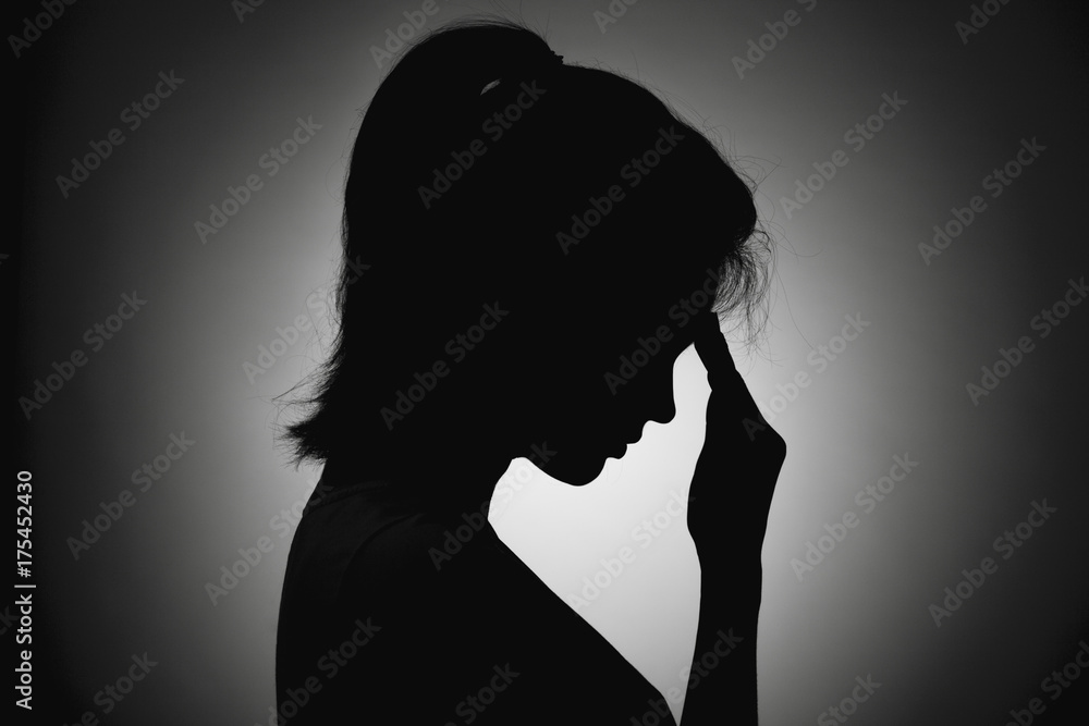 Sad Woman Profile Silhouette On Black Stock Photo 1356111533