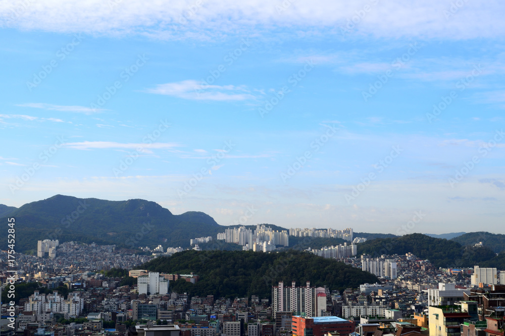 Korea, Landscape of the city with houses.
