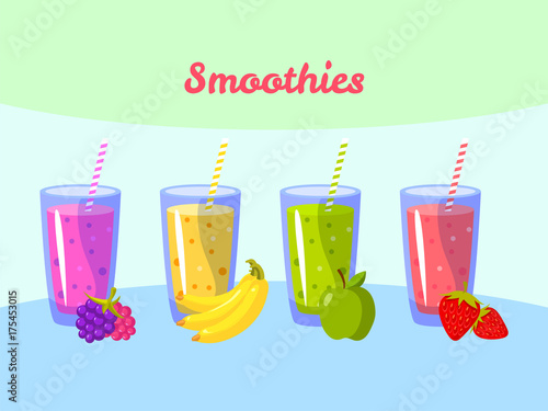 Cartoon smoothies. Berry banana apple and strawberry. Organic fruit shake