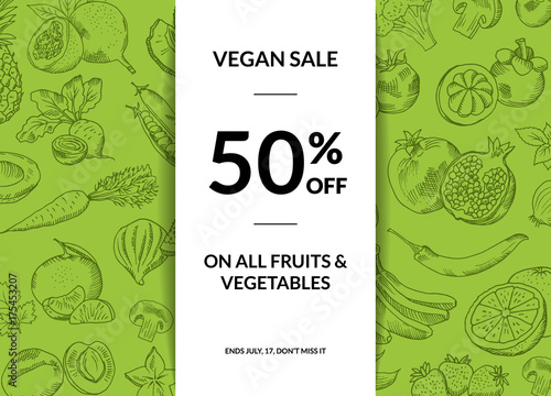 Vector doodle handdrawn farm fresh fruits and vegetables vegan shop sale background