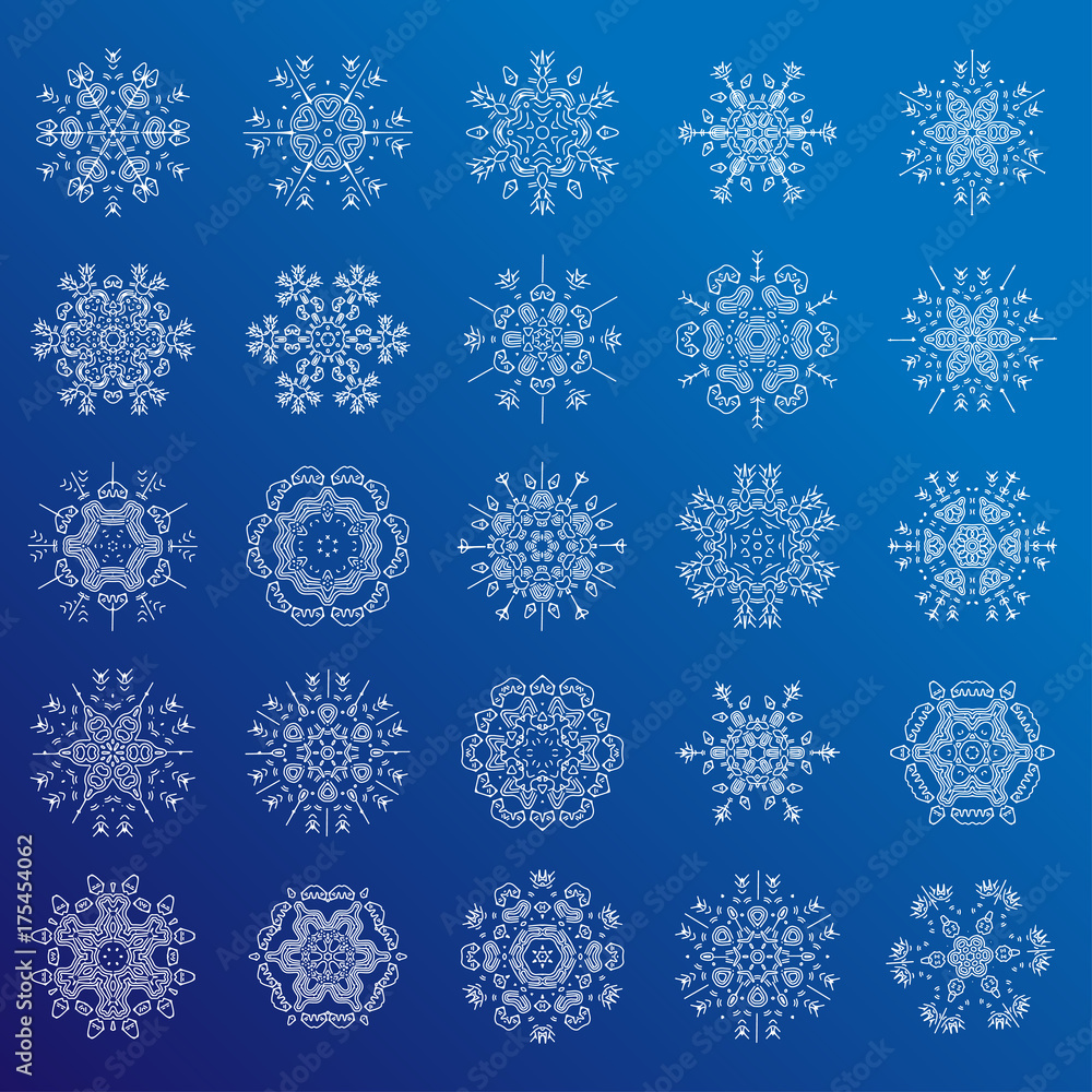 Set of minimalistic line geometrical snowflakes, vector illustration. Snowflake collection - lined decorative flakes, modern icon. Christmas snowflake design, line and geometric