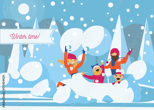 Happy family playing with snow fort. Vector horizontal illustration