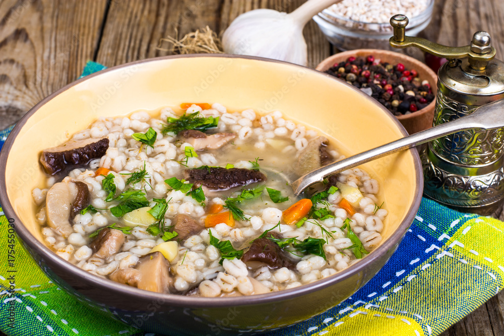 Soup with pearl barley and forest mushrooms Soup with pearl barley and forest mushrooms