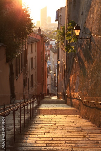 Empty, charming alley with stairs in Vieux Lyon, the old town of Lyon.