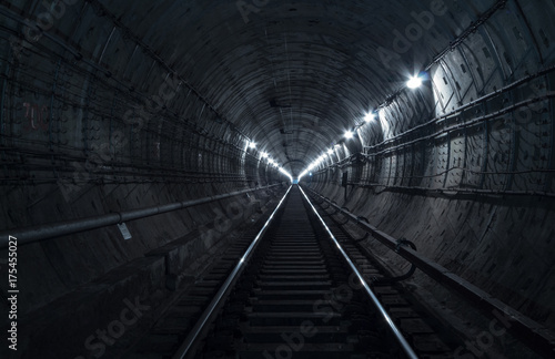 Underground tunnel. Rail way in a subway tunnel. 