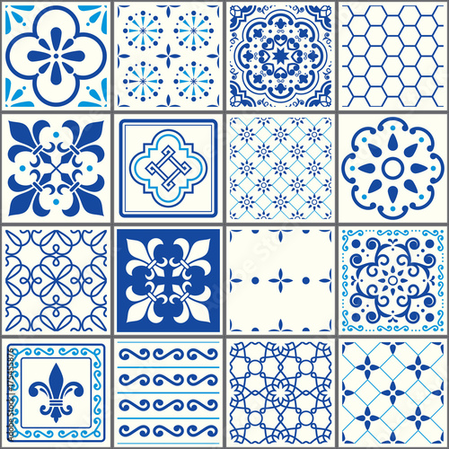 Portuguese tiles pattern, Lisbon seamless navy blue tiles, Azulejos vintage geometric ceramic design
