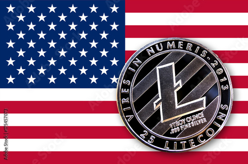 3D illustration coin litecoin on the flag of USA