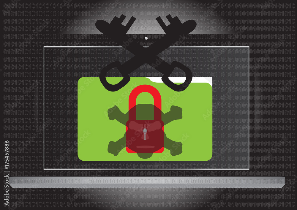 Ransomware wannacry locked folder with Skull and Crossed Bones with ascii code background with dark tone or Laptop virus infection or Laptop virus infection skull of death flat illustration design for Ransomware wannacry locked folder with Skull and Crossed Bones with ascii code background with dark tone or Laptop virus infection or Laptop virus infection skull of death flat illustration design for