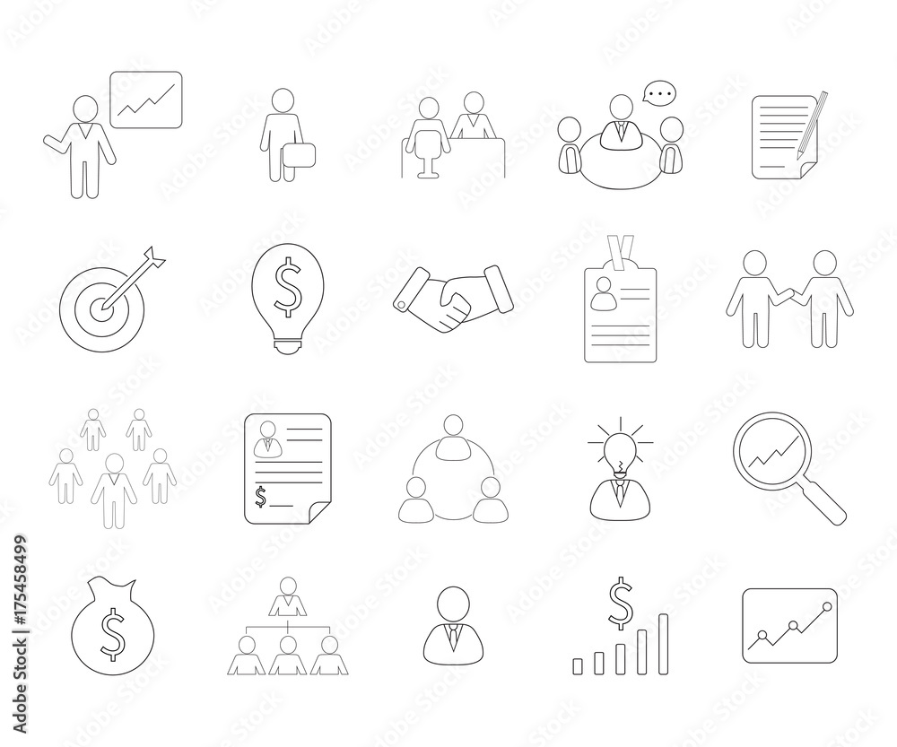 Set of financial and business icons. Flat line style.
