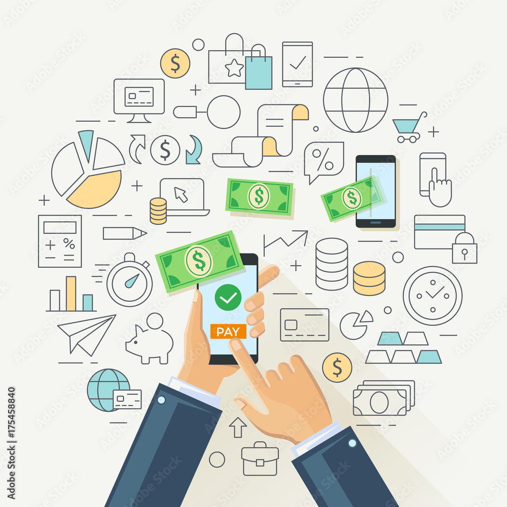 Mobile banking concept illustration, line flat design Mobile banking concept illustration, line flat design