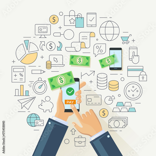 Mobile banking concept illustration, line flat design