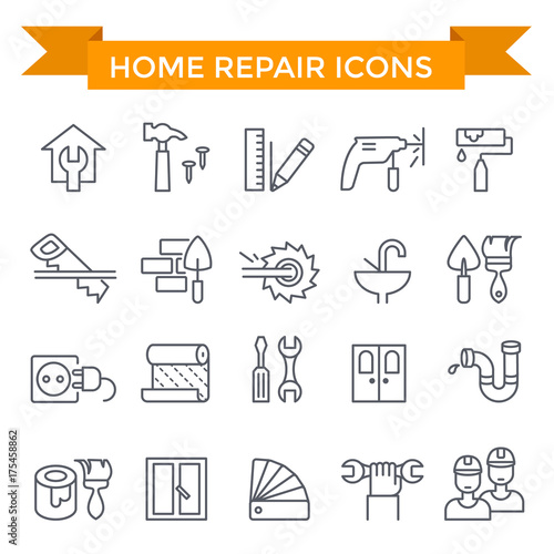 Home repair icons, line flat design