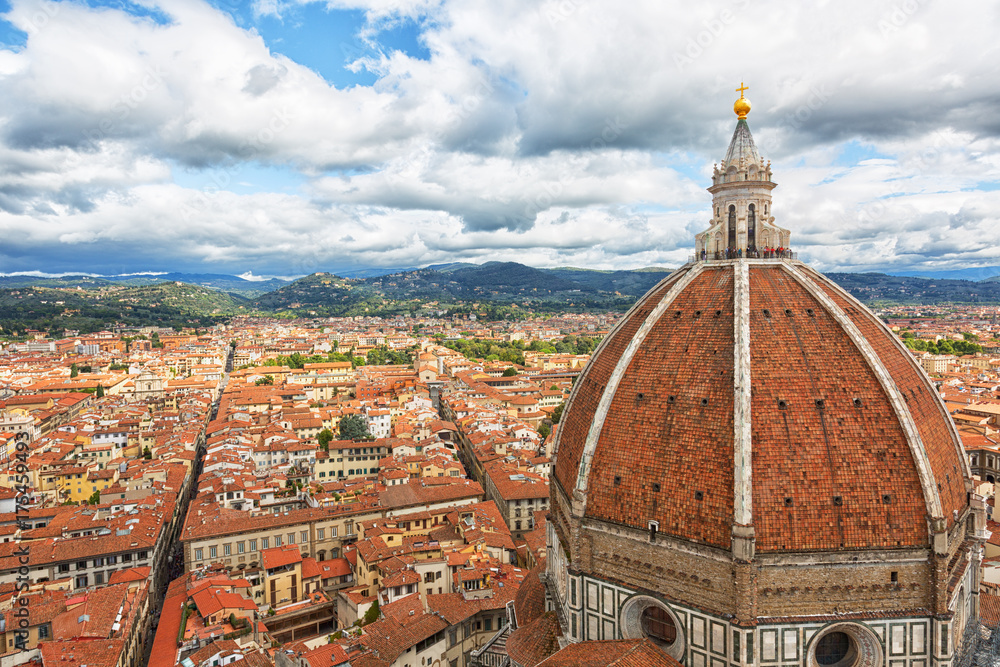 Florence Duomo. Basilica di Santa Maria del Fiore (Basilica of Saint Mary of the Flower) in Florence, Italy. View of Florence from the observation deck