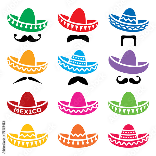 Mexican Sombrero hat with moustache or mustache vector icons set 