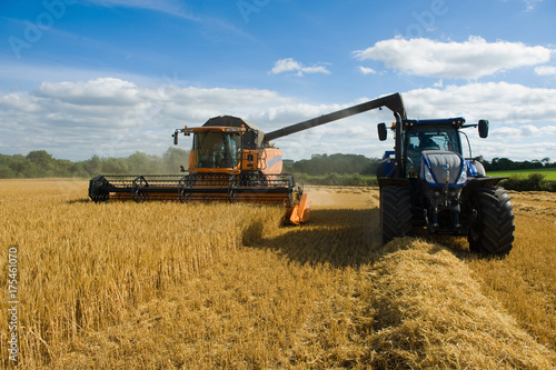 Combine harvester and tractor, harvesting wheat