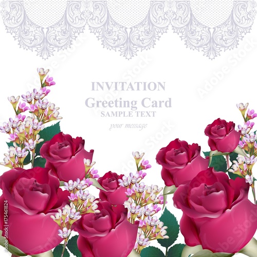 Invitation Card vector. Roses beauty flowers. Fuchsia pink colors