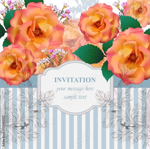 Vintage roses flowers card Vector background. Romantic illustration for invitation and greeting card designs