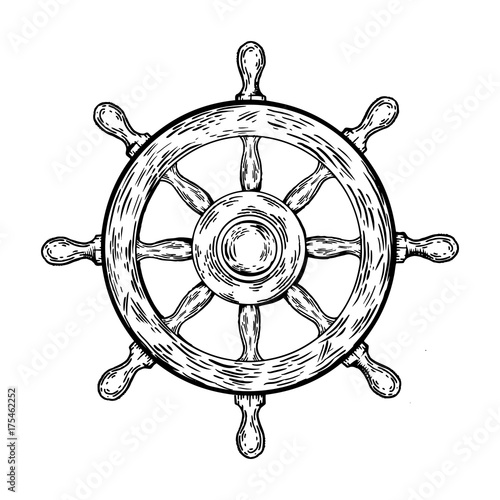 Ship steering wheel engraving vector illustration