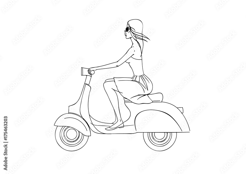 scooter_line/Girl in dress riding a scooter. Drawing lines.  Stock-Vektorgrafik | Adobe Stock