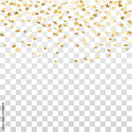 Gold stars falling confetti isolated on white transparent background. Golden explosion confetti. Abstract decoration. Stars for Christmas festive party. Shiny glitter Vector illustration