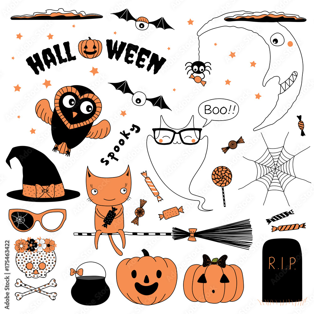 Set of hand drawn vector Halloween design elements: witch hat, pumpkin ...