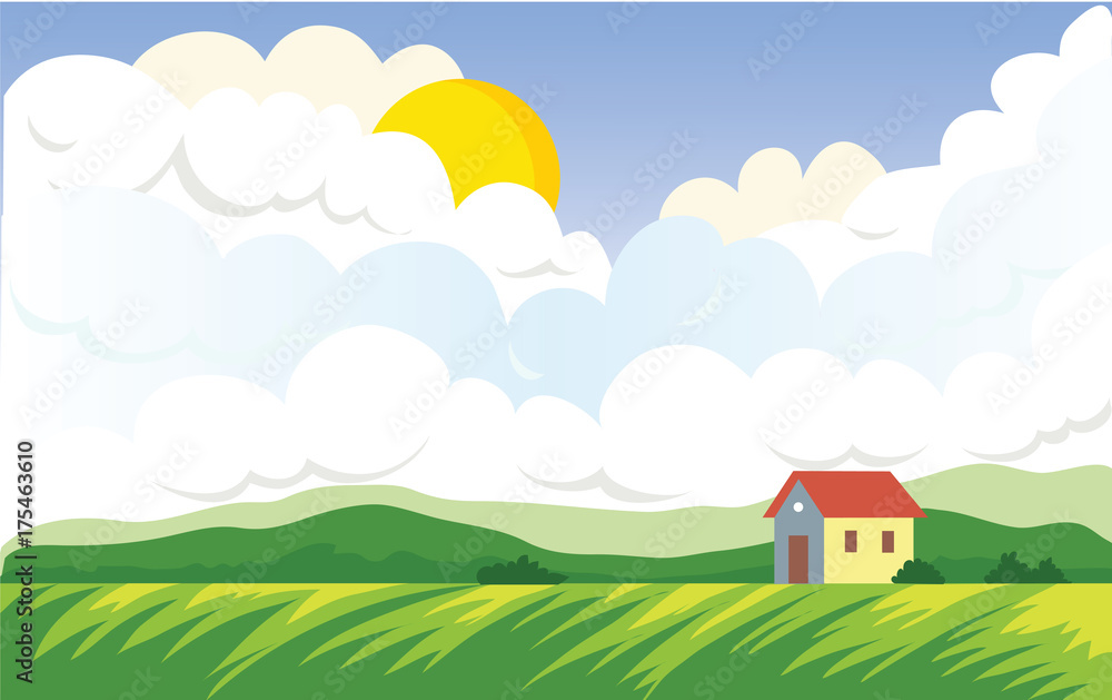 Agricultural landscape with farmer's house. Green Field and cumulus clouds with the sun. Vector landscape illustration.