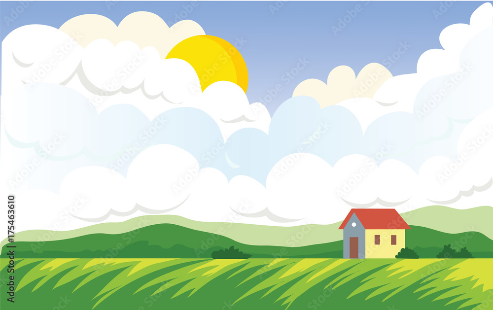 Naklejka premium Agricultural landscape with farmer's house. Green Field and cumulus clouds with the sun. Vector landscape illustration.