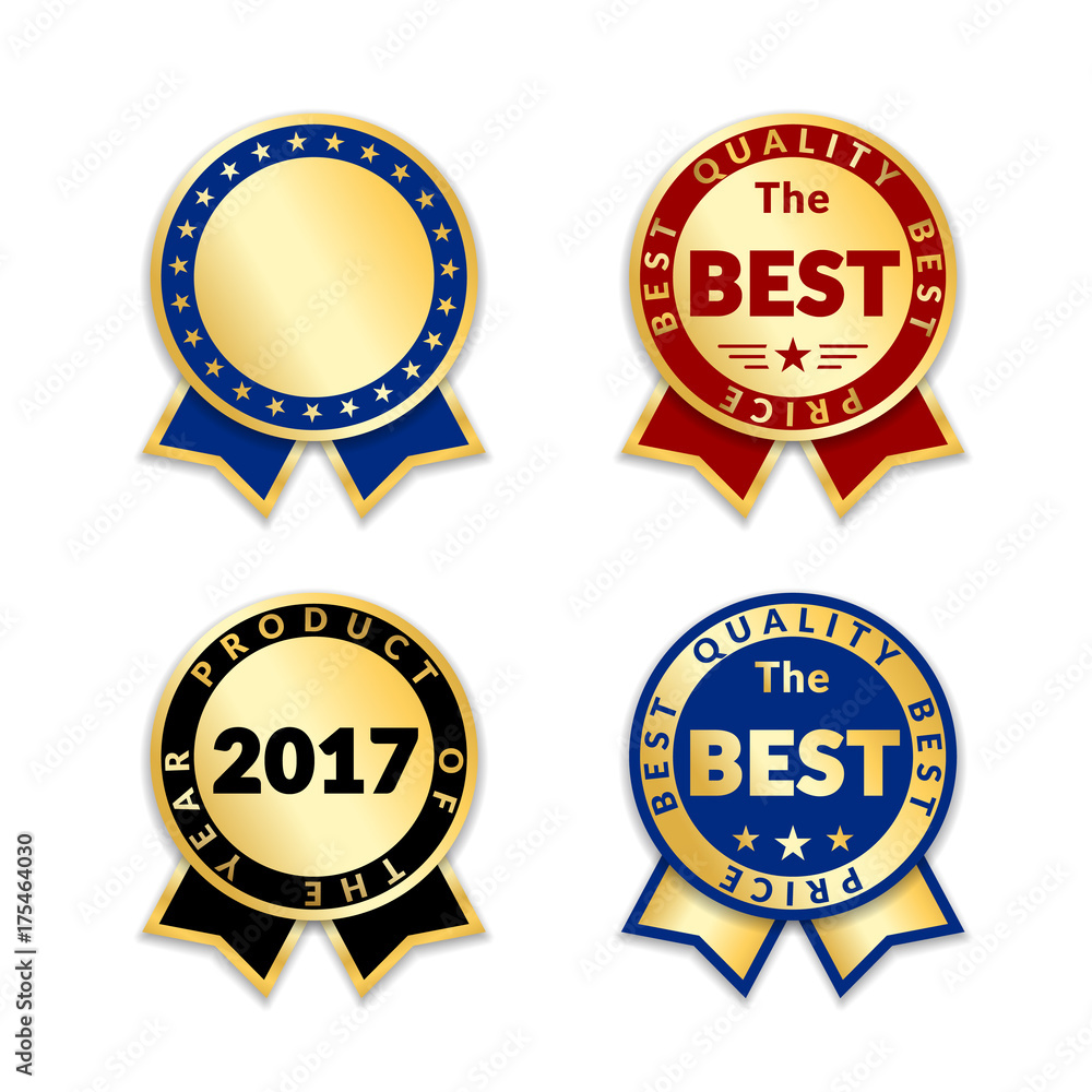 Ribbons award best price label set. Gold ribbon award icon isolated white background. Best quality golden label for badge, medal, best choice, price, certificate guarantee product Vector illustration Ribbons award best price label set. Gold ribbon award icon isolated white background. Best quality golden label for badge, medal, best choice, price, certificate guarantee product Vector illustration