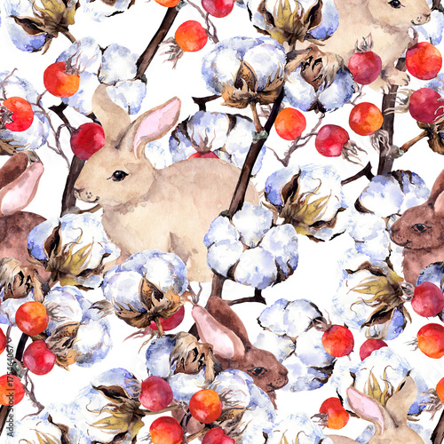 Rabbits, cotton plant branches, red berries. Winter seamless pattern. Watercolor