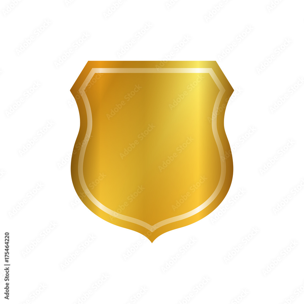 Gold shield shape icon. 3D golden emblem sign isolated on white background. Symbol of security, power, protection. Badge shape shield graphic design Vector illustration Gold shield shape icon. 3D golden emblem sign isolated on white background. Symbol of security, power, protection. Badge shape shield graphic design Vector illustration