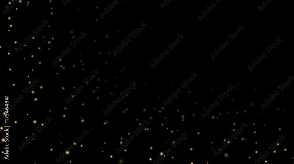Night sky with gold stars on black background. Dark astronomy space template. Galaxy starry pattern wallpaper. Shiny golden stars, night sky universe. Cosmos stars wallpaper Vector illustration