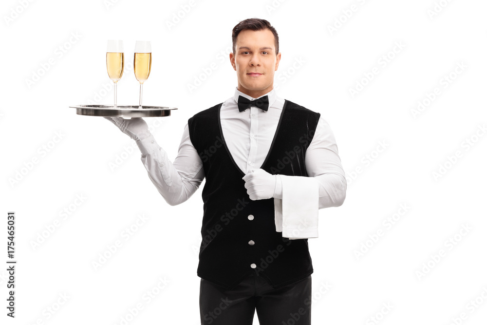 Waiter holding a tray with two glasses of wine