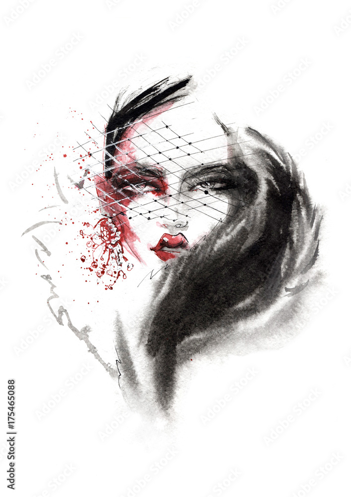 Fototapeta premium Portrait of a stylish girl drawing in ink.