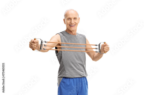 Senior exercising with a resistance band