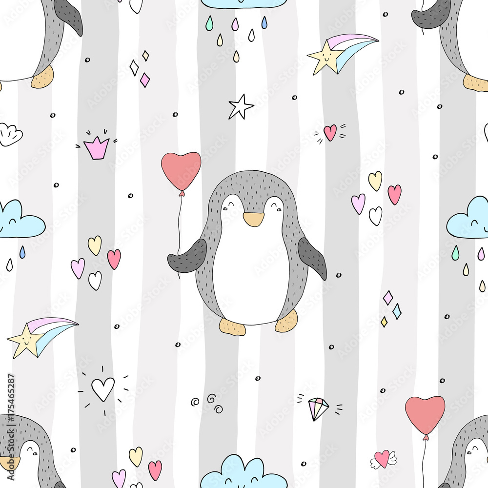 Naklejka premium Seamless pattern with cute penguins. Hand-drawn illustration. Vector.