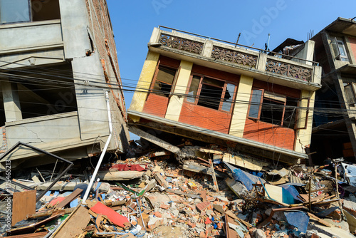 Aftermath of Nepal earthquake 2015, collapsed buildings in Kathmandu photo