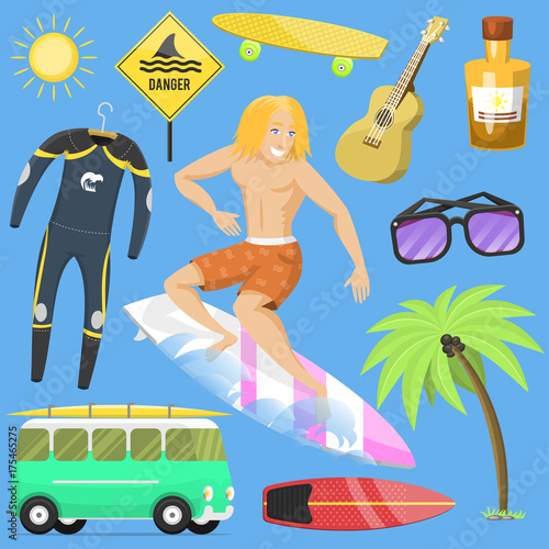 Surfing active water sport surfer summer time beach activities man windsurfing jet water wakeboarding kitesurfing vector illustration.